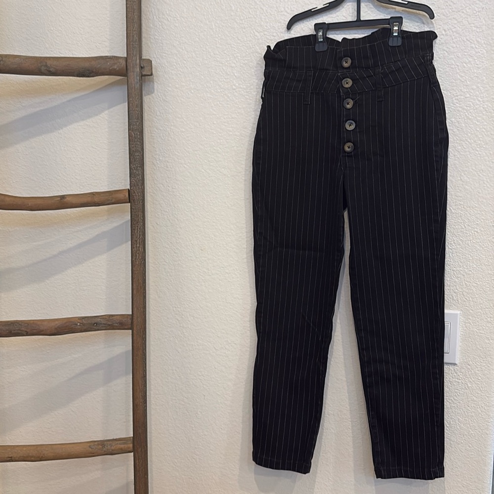 Free People Montella Black White Pinstripe Paperbag Cropped Skinny Jean